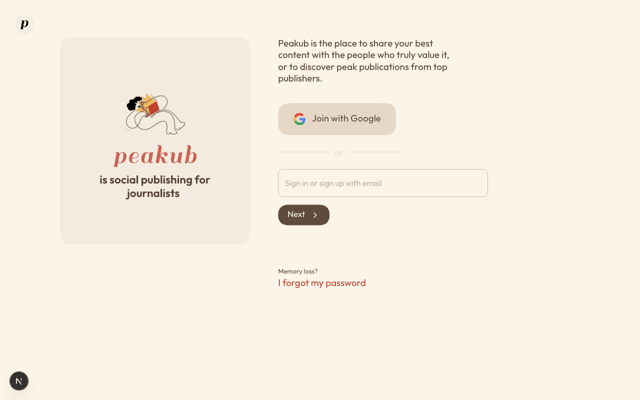 The Peakub sign-in screen